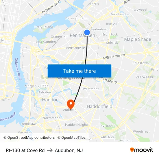 Rt-130 at Cove Rd to Audubon, NJ map