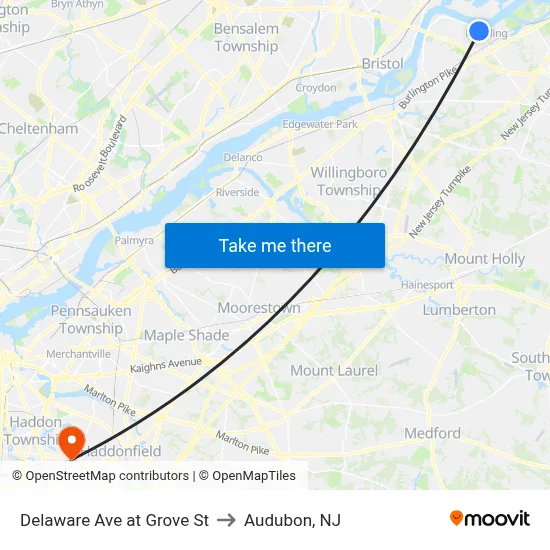 Delaware Ave at Grove St to Audubon, NJ map