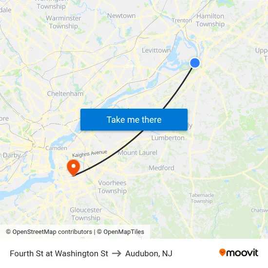 Fourth St at Washington St to Audubon, NJ map