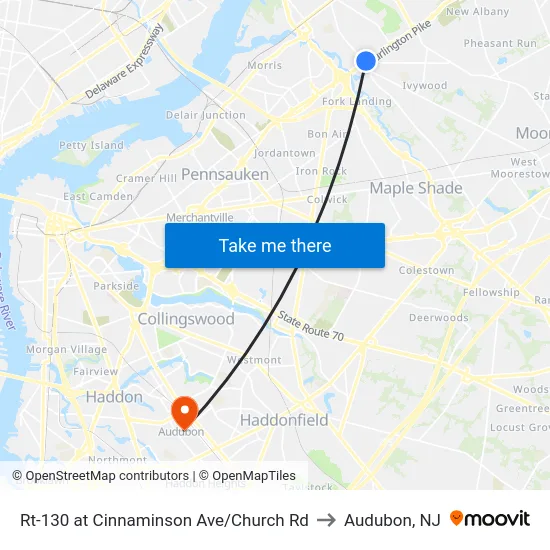 Rt-130 at Cinnaminson Ave/Church Rd to Audubon, NJ map
