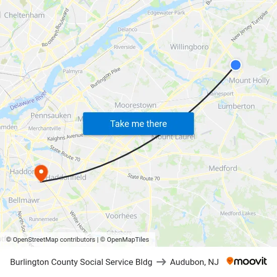 Burlington County Social Service Bldg to Audubon, NJ map