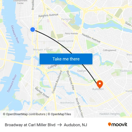 Broadway at Carl Miller Blvd to Audubon, NJ map