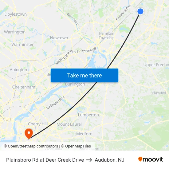 Plainsboro Rd at Deer Creek Drive to Audubon, NJ map