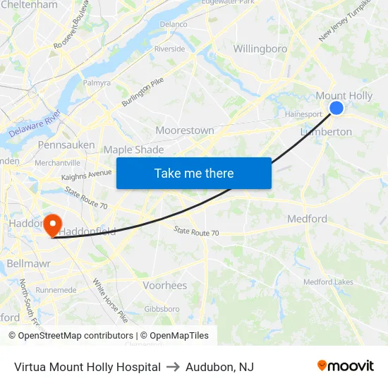 Virtua Mount Holly Hospital to Audubon, NJ map