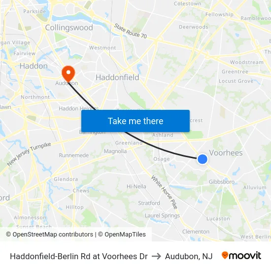 Haddonfield-Berlin Rd at Voorhees Dr to Audubon, NJ map