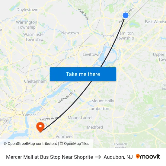 Mercer Mall at Bus Stop Near Shoprite to Audubon, NJ map