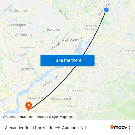 Alexander Rd at Roszel Rd to Audubon, NJ map
