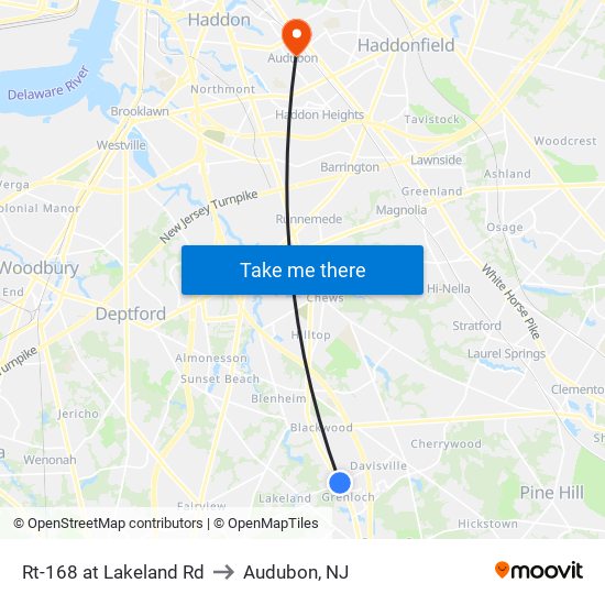 Rt-168 at Lakeland Rd to Audubon, NJ map