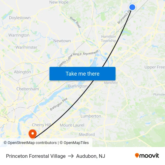 Princeton Forrestal Village to Audubon, NJ map