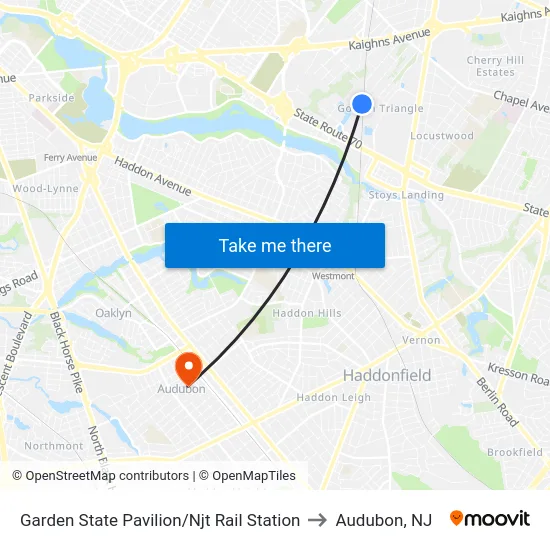 Garden State Pavilion/Njt Rail Station to Audubon, NJ map
