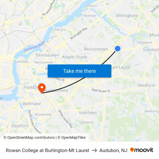 Rowan College at Burlington-Mt Laurel to Audubon, NJ map