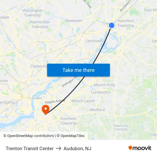 Trenton Transit Center to Audubon, NJ map