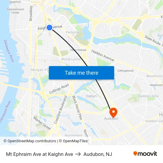 Mt Ephraim Ave at Kaighn Ave to Audubon, NJ map
