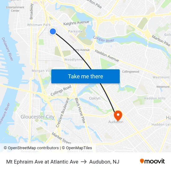 Mt Ephraim Ave at Atlantic Ave to Audubon, NJ map