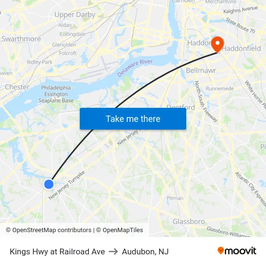 Kings Hwy at Railroad Ave to Audubon, NJ map