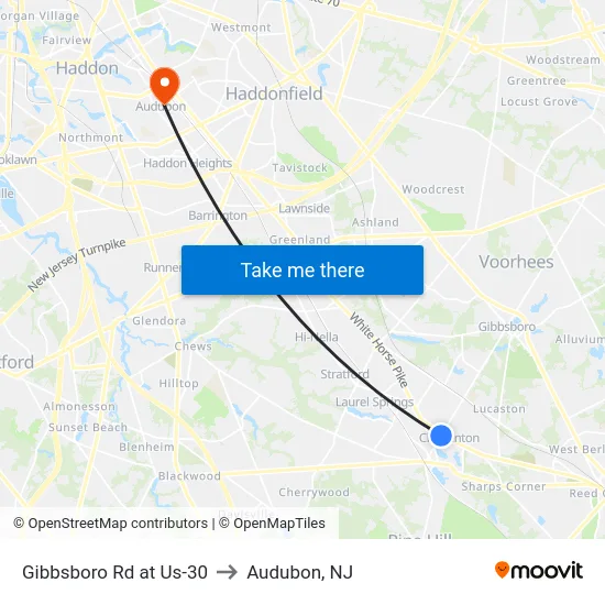Gibbsboro Rd at Us-30 to Audubon, NJ map