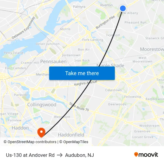 Us-130 at Andover Rd to Audubon, NJ map