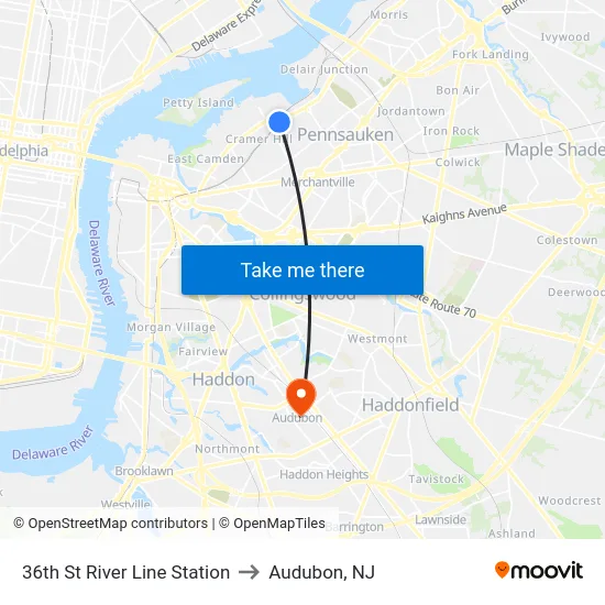 36th St River Line Station to Audubon, NJ map