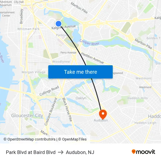 Park Blvd at Baird Blvd to Audubon, NJ map