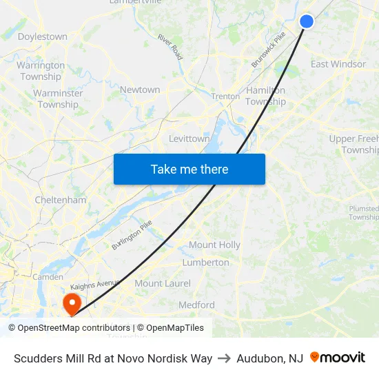 Scudders Mill Rd at Novo Nordisk Way to Audubon, NJ map