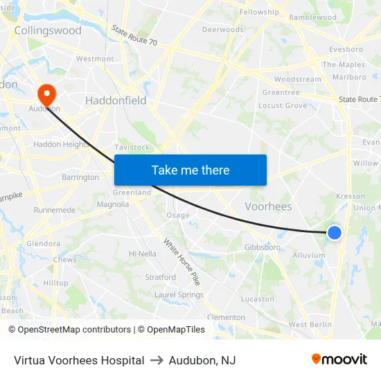 Virtua Voorhees Hospital to Audubon, NJ map