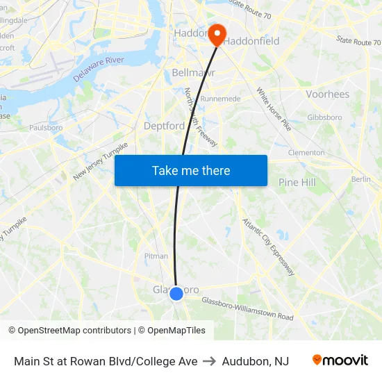 Main St at Rowan Blvd/College Ave to Audubon, NJ map