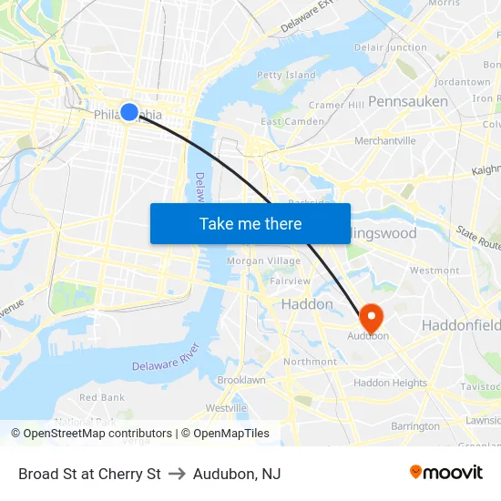 Broad St at Cherry St to Audubon, NJ map