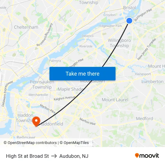 High St at Broad St to Audubon, NJ map