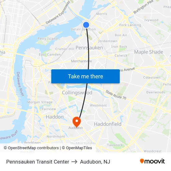 Pennsauken Transit Center to Audubon, NJ map