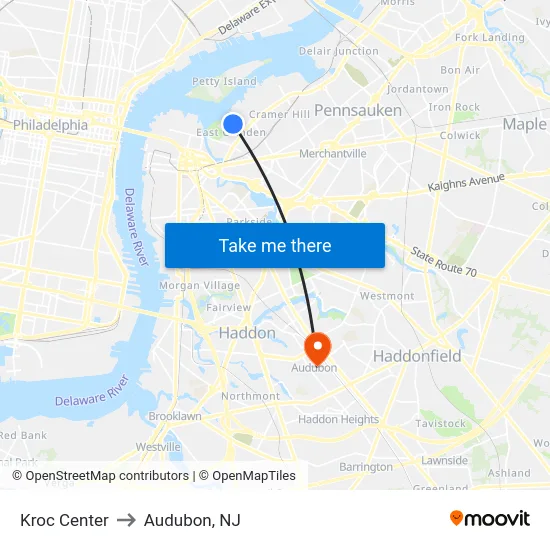 Kroc Center to Audubon, NJ map