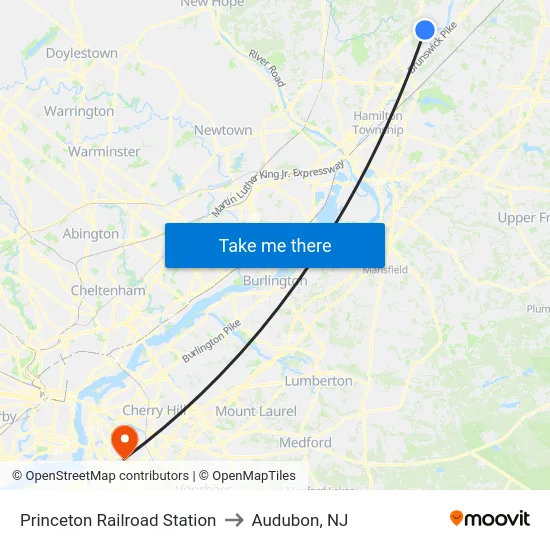 Princeton Railroad Station to Audubon, NJ map