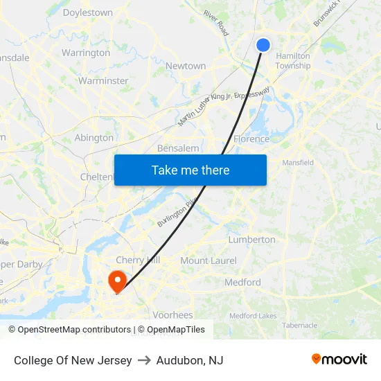 College Of New Jersey to Audubon, NJ map