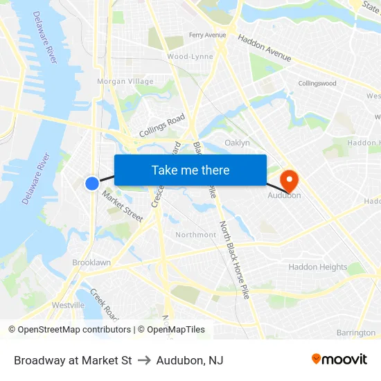 Broadway at Market St to Audubon, NJ map