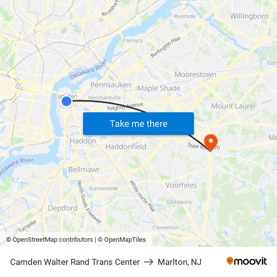 Camden Walter Rand Trans Center to Marlton, NJ map