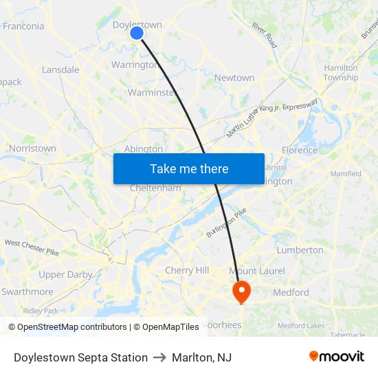 Doylestown Septa Station to Marlton, NJ map