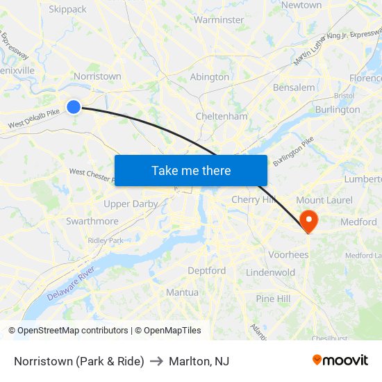 Norristown (Park & Ride) to Marlton, NJ map