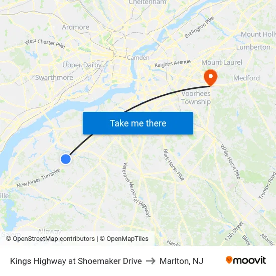 Kings Highway at Shoemaker Drive to Marlton, NJ map