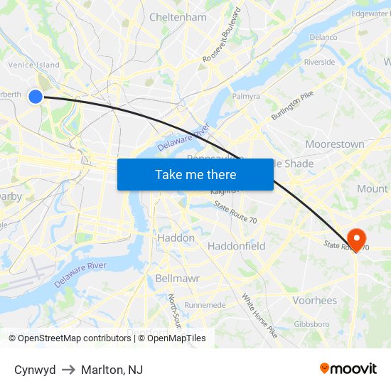 Cynwyd to Marlton, NJ map