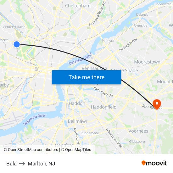 Bala to Marlton, NJ map
