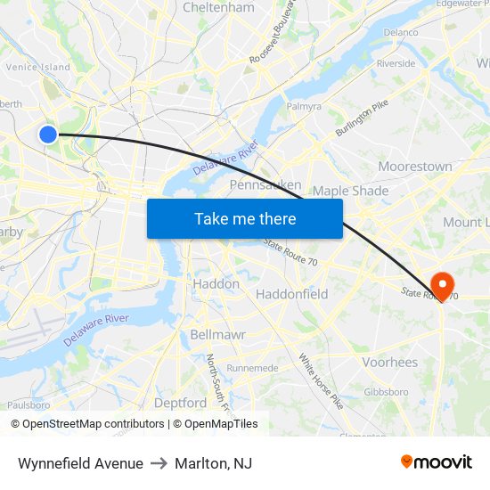 Wynnefield Avenue to Marlton, NJ map