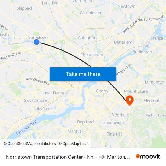 Norristown Transportation Center - Nhsl to Marlton, NJ map
