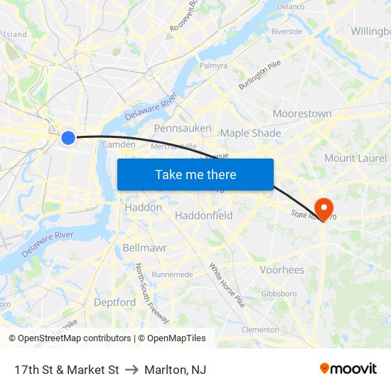 17th St & Market St to Marlton, NJ map