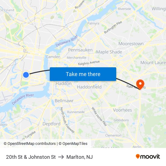 20th St & Johnston St to Marlton, NJ map