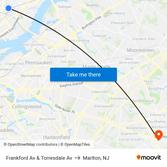 Frankford Av & Torresdale Av to Marlton, NJ map