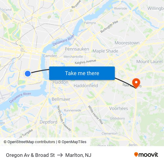 Oregon Av & Broad St to Marlton, NJ map