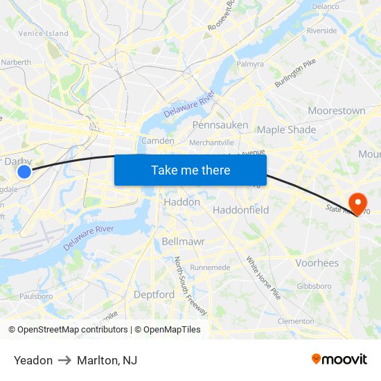 Yeadon to Marlton, NJ map