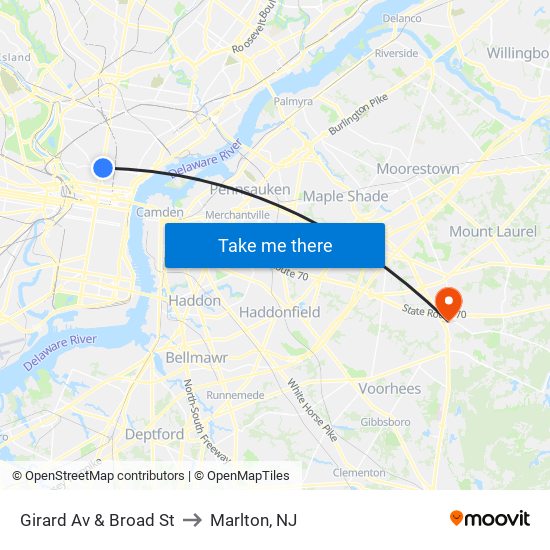 Girard Av & Broad St to Marlton, NJ map