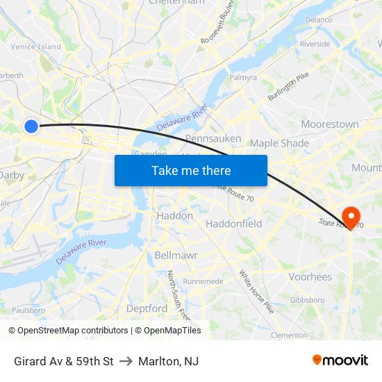 Girard Av & 59th St to Marlton, NJ map