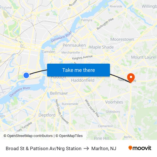Broad St & Pattison Av/Nrg Station to Marlton, NJ map