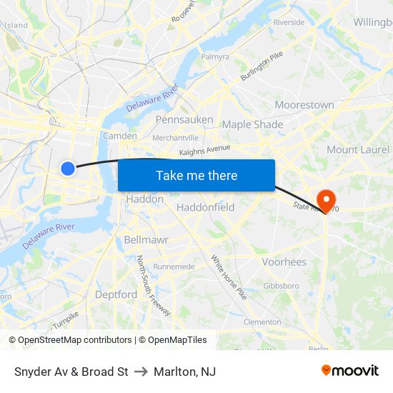 Snyder Av & Broad St to Marlton, NJ map